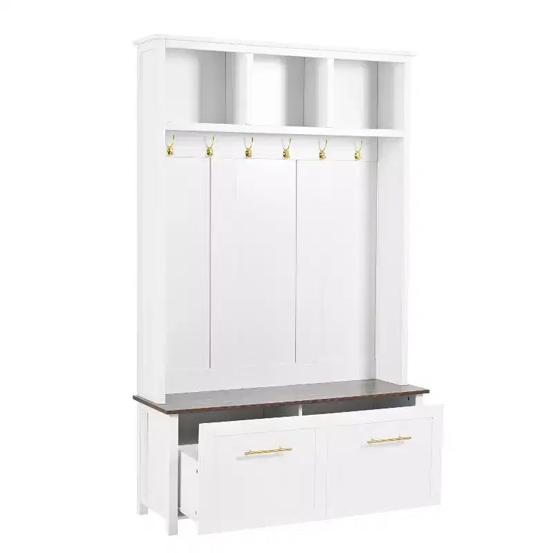 4-in-1 Hall Tree with 6 Golden Hooks, Bench and 2 Drawers