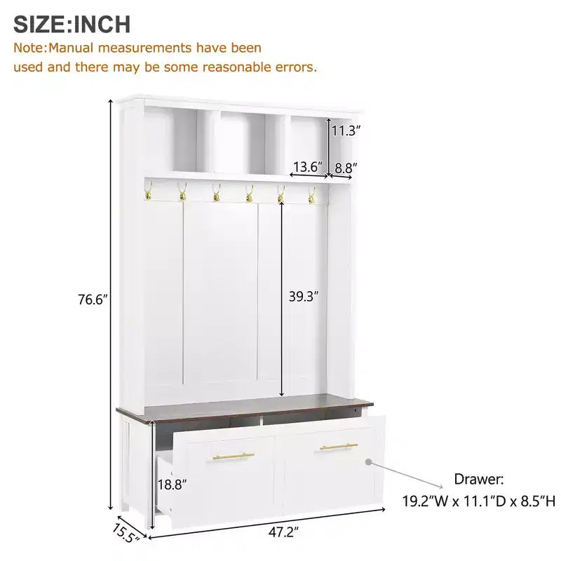 4-in-1 Hall Tree with 6 Golden Hooks, Bench and 2 Drawers