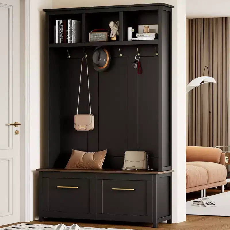 4-in-1 Hall Tree with 6 Golden Hooks, Bench and 2 Drawers