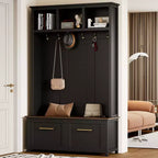 4-in-1 Hall Tree with 6 Golden Hooks, Bench and 2 Drawers