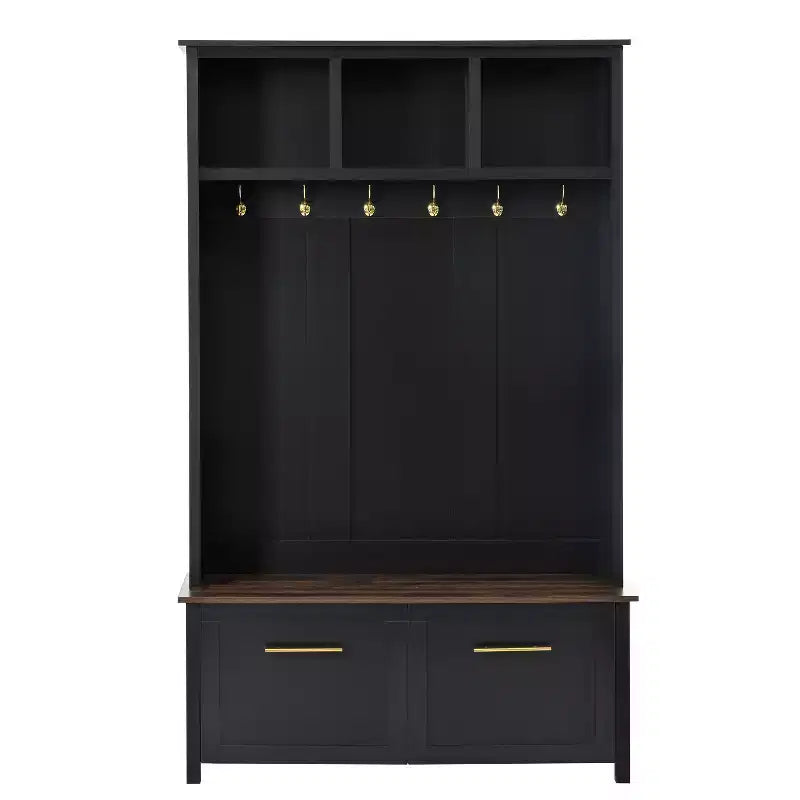 4-in-1 Hall Tree with 6 Golden Hooks, Bench and 2 Drawers