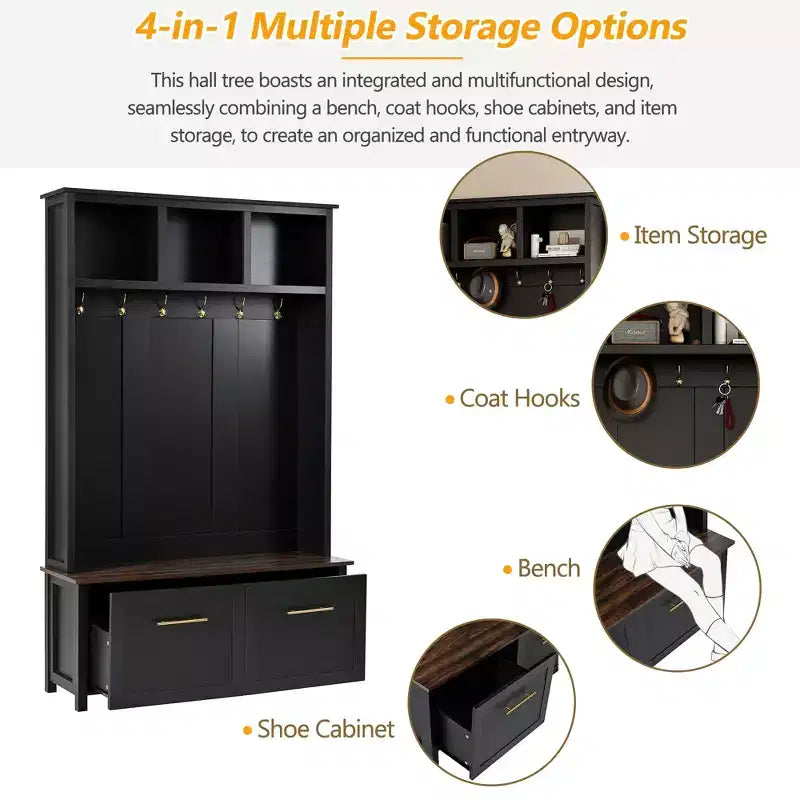 4-in-1 Hall Tree with 6 Golden Hooks, Bench and 2 Drawers