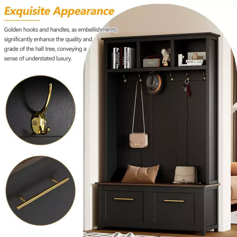 4-in-1 Hall Tree with 6 Golden Hooks, Bench and 2 Drawers