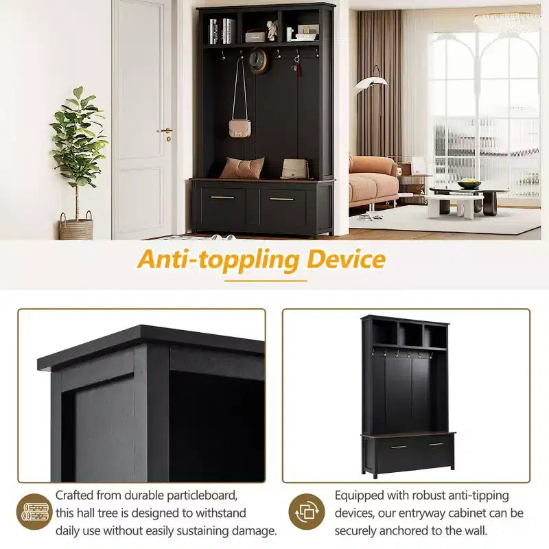 4-in-1 Hall Tree with 6 Golden Hooks, Bench and 2 Drawers