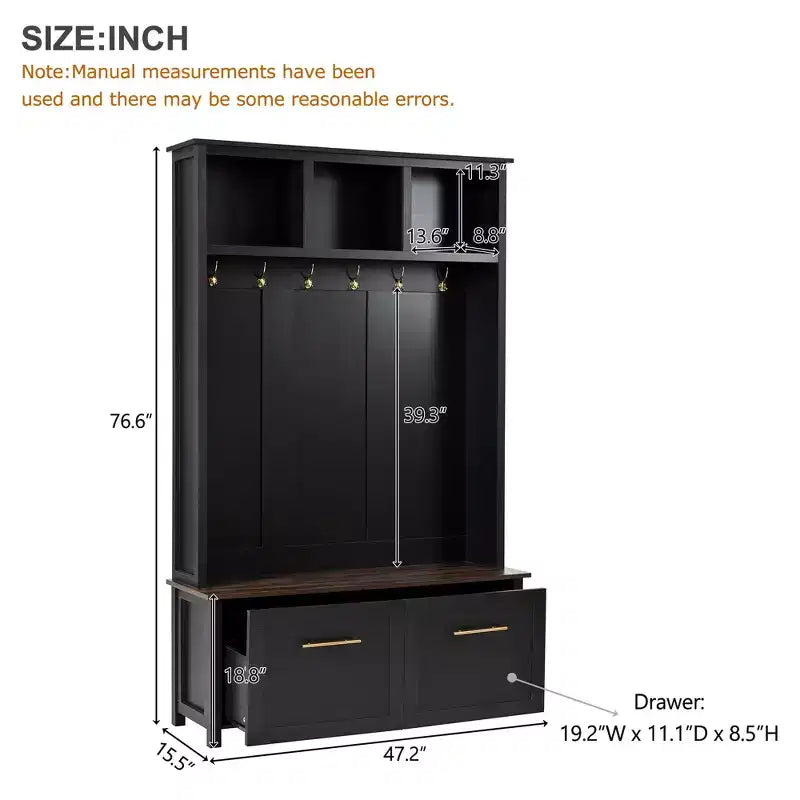 4-in-1 Hall Tree with 6 Golden Hooks, Bench and 2 Drawers