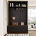 CLIHOME Versatile 4-in-1 Hall Tree with 6 Golden Hooks, Wood Grain Bench with Multiple Storage Space, Entryway Coat Rack with 2 Drawers