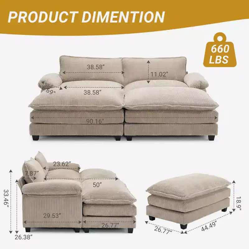 90-Inch Off-White Corduroy Modular Cloud Couch Sleeper Sofa