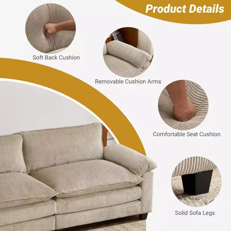 90-Inch Off-White Corduroy Modular Cloud Couch Sleeper Sofa