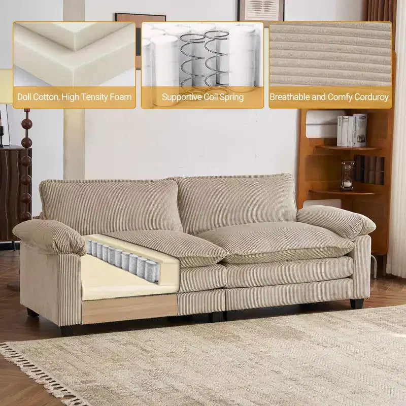 90-Inch Off-White Corduroy Modular Cloud Couch Sleeper Sofa