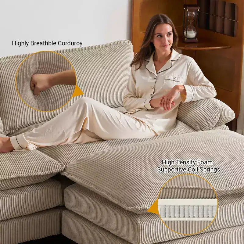 90-Inch Off-White Corduroy Modular Cloud Couch Sleeper Sofa