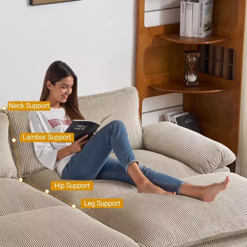 90-Inch Off-White Corduroy Modular Cloud Couch Sleeper Sofa