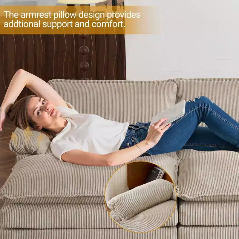 90-Inch Off-White Corduroy Modular Cloud Couch Sleeper Sofa