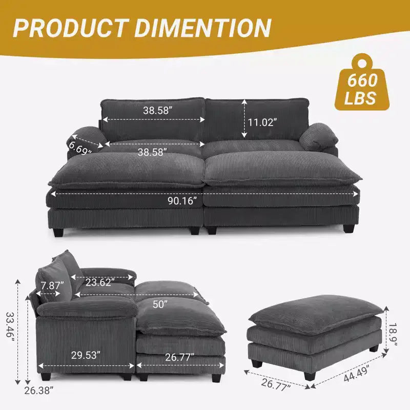 90-Inch Off-White Corduroy Modular Cloud Couch Sleeper Sofa