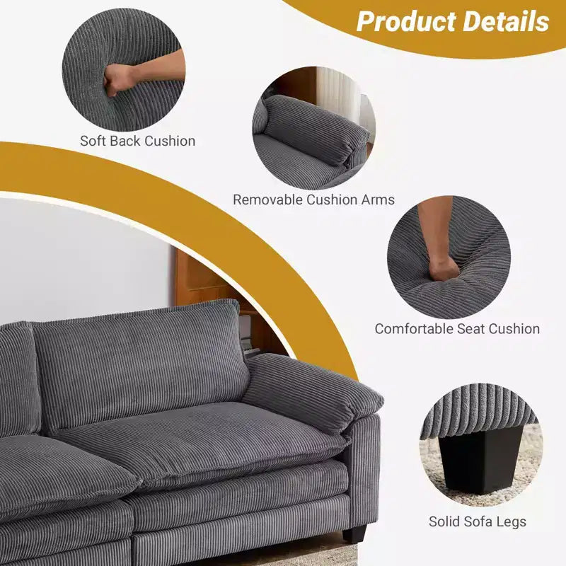 90-Inch Off-White Corduroy Modular Cloud Couch Sleeper Sofa