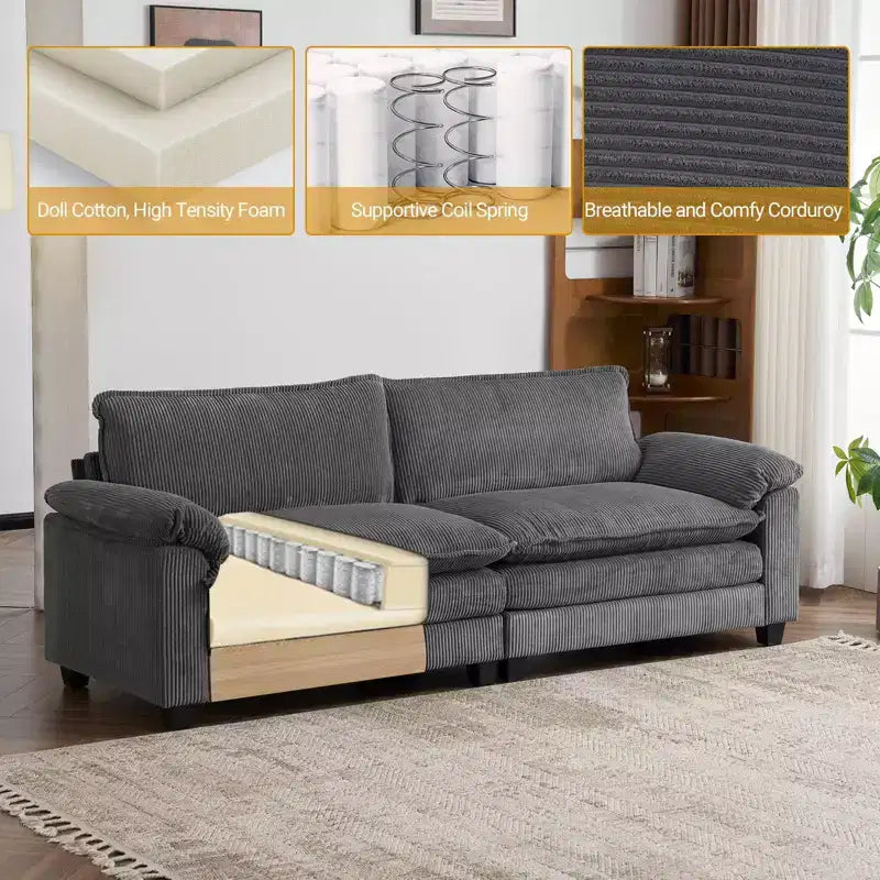 90-Inch Off-White Corduroy Modular Cloud Couch Sleeper Sofa
