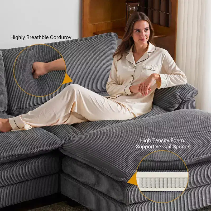90-Inch Off-White Corduroy Modular Cloud Couch Sleeper Sofa