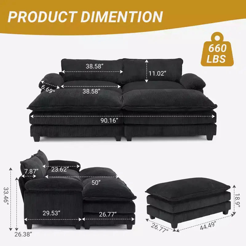 90-Inch Off-White Corduroy Modular Cloud Couch Sleeper Sofa