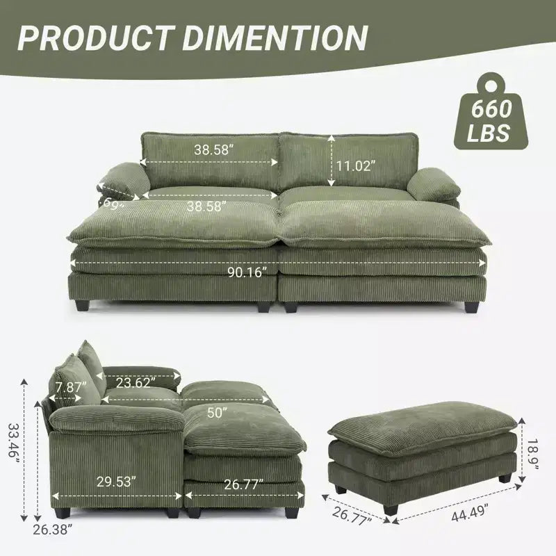 90-Inch Off-White Corduroy Modular Cloud Couch Sleeper Sofa