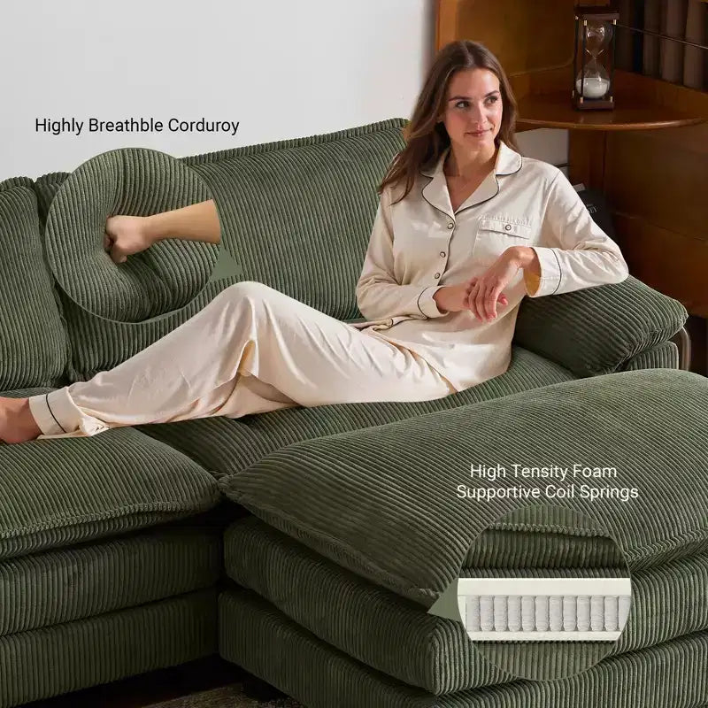 90-Inch Off-White Corduroy Modular Cloud Couch Sleeper Sofa