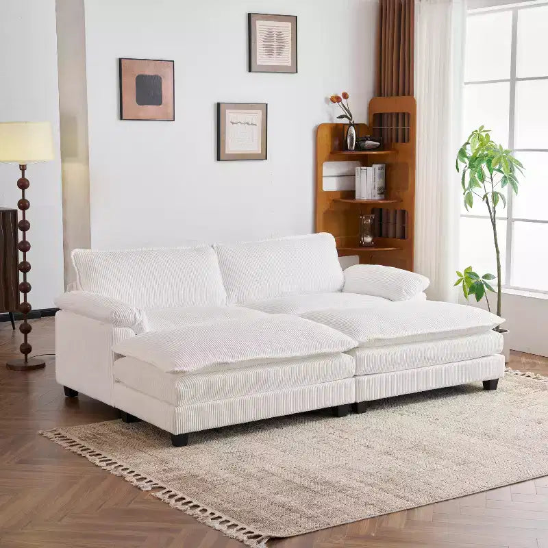 90-Inch Off-White Corduroy Modular Cloud Couch Sleeper Sofa