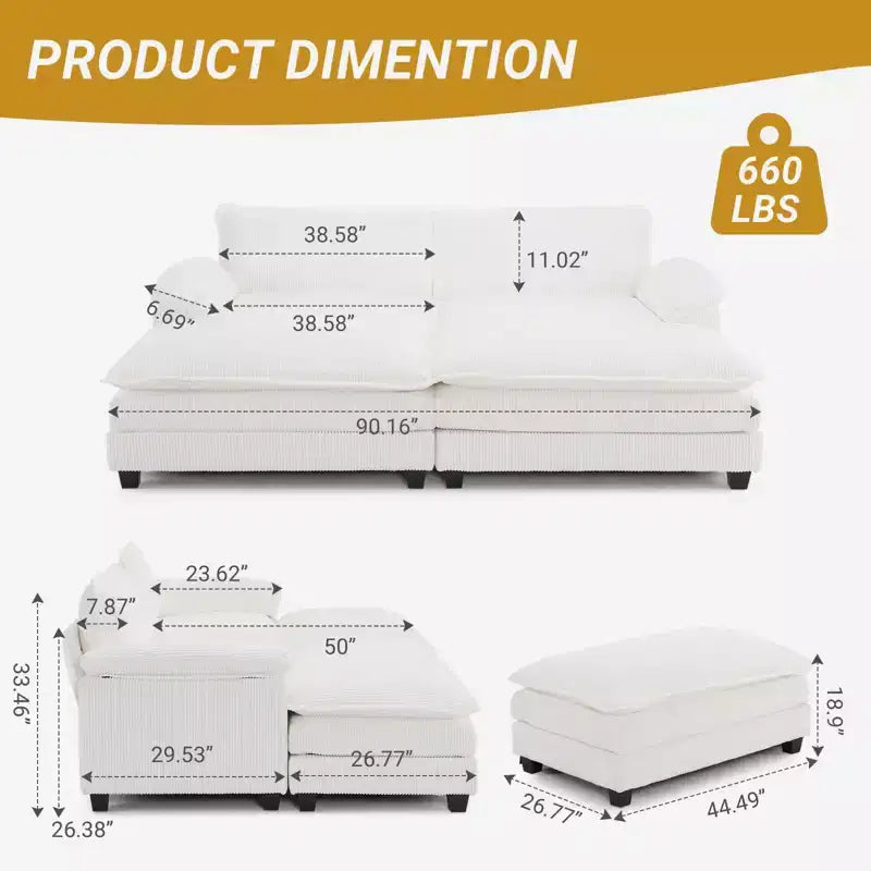 90-Inch Off-White Corduroy Modular Cloud Couch Sleeper Sofa