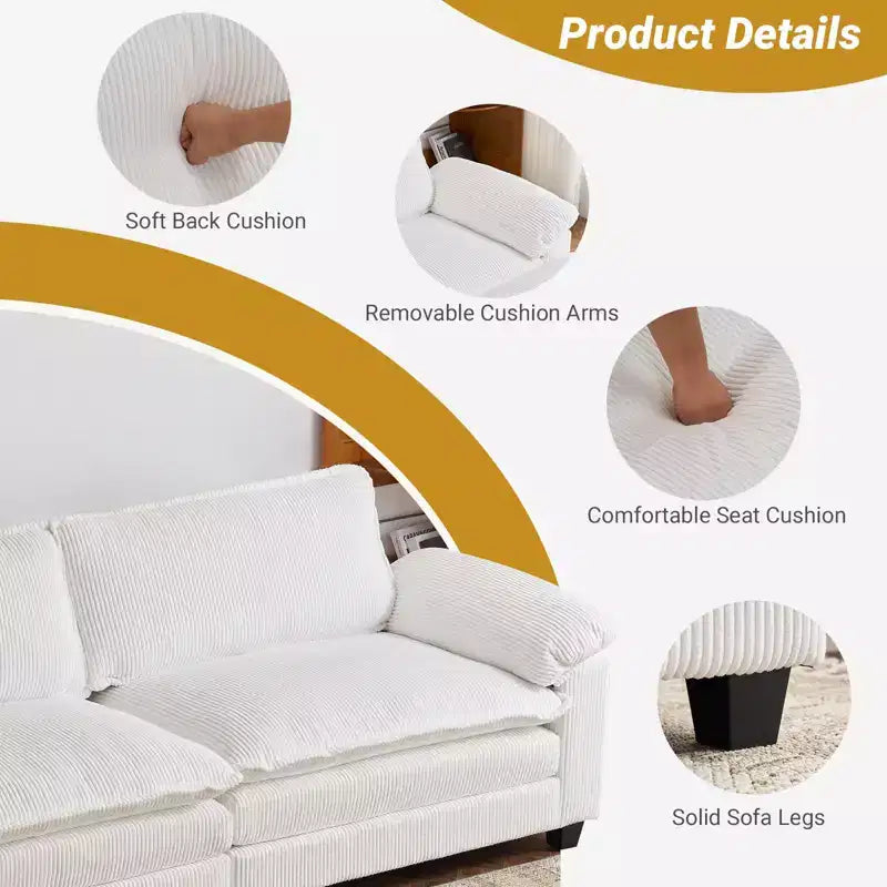 90-Inch Off-White Corduroy Modular Cloud Couch Sleeper Sofa
