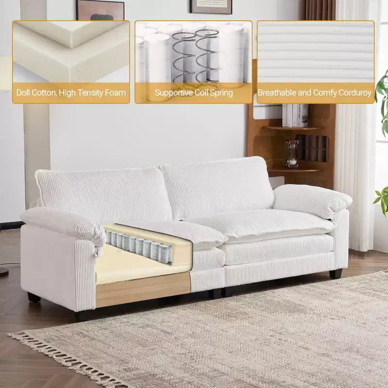 90-Inch Off-White Corduroy Modular Cloud Couch Sleeper Sofa