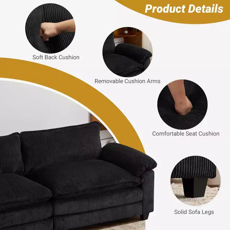 90-Inch Off-White Corduroy Modular Cloud Couch Sleeper Sofa