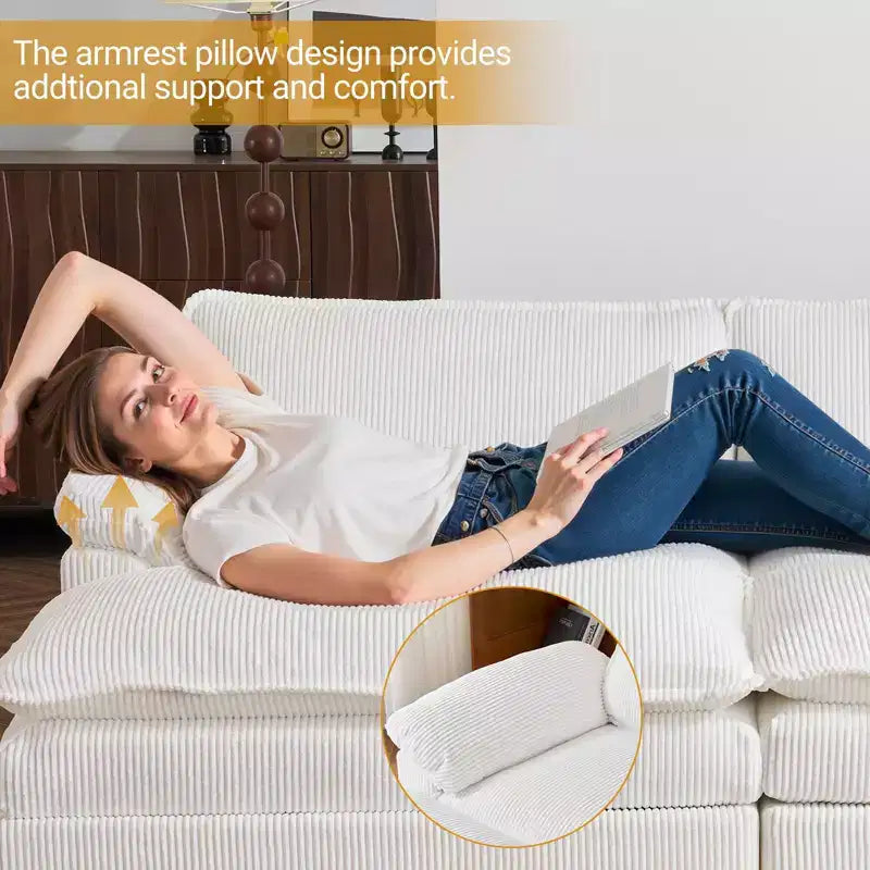 90-Inch Off-White Corduroy Modular Cloud Couch Sleeper Sofa