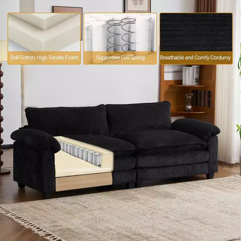 90-Inch Off-White Corduroy Modular Cloud Couch Sleeper Sofa
