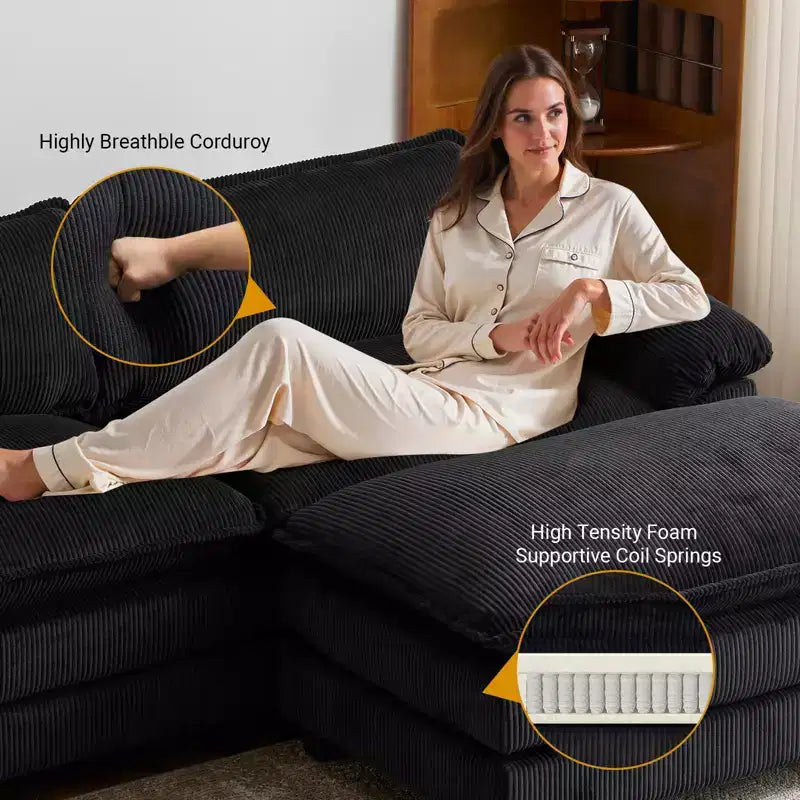 90-Inch Off-White Corduroy Modular Cloud Couch Sleeper Sofa