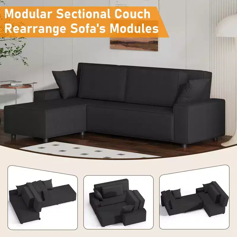 Corduroy Stripe 96 Inch Large Couch, Modern L Shaped Oversized Sectional Sofa with Deep Seat, Comfy Modular Couch for Living Room, Apartment, Studio