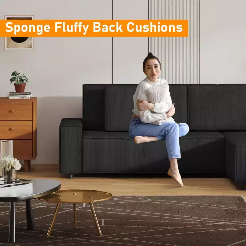 Corduroy Stripe 96 Inch Large Couch, Modern L Shaped Oversized Sectional Sofa with Deep Seat, Comfy Modular Couch for Living Room, Apartment, Studio