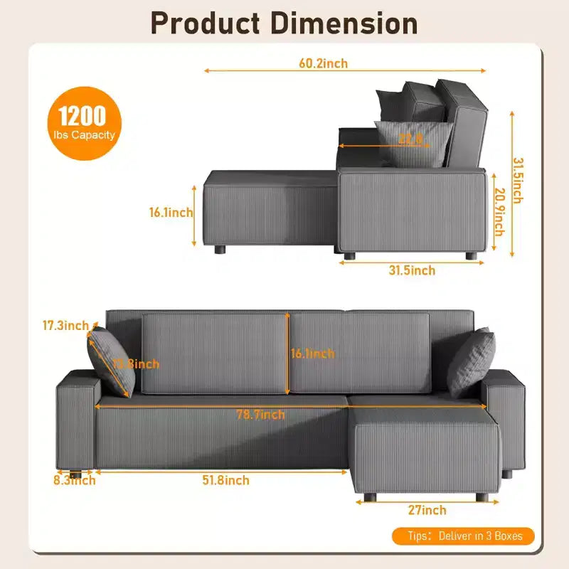 Corduroy Stripe 96 Inch Large Couch, Modern L Shaped Oversized Sectional Sofa with Deep Seat, Comfy Modular Couch for Living Room, Apartment, Studio