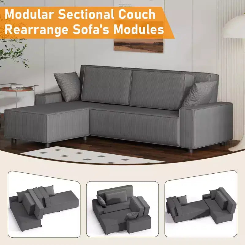 Corduroy Stripe 96 Inch Large Couch, Modern L Shaped Oversized Sectional Sofa with Deep Seat, Comfy Modular Couch for Living Room, Apartment, Studio