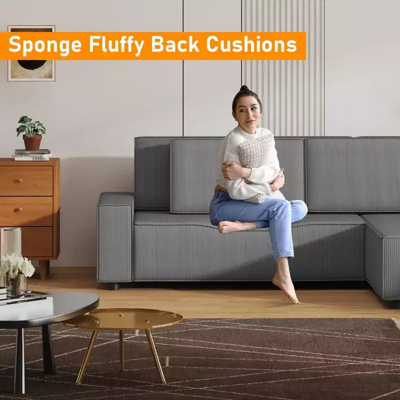 Corduroy Stripe 96 Inch Large Couch, Modern L Shaped Oversized Sectional Sofa with Deep Seat, Comfy Modular Couch for Living Room, Apartment, Studio