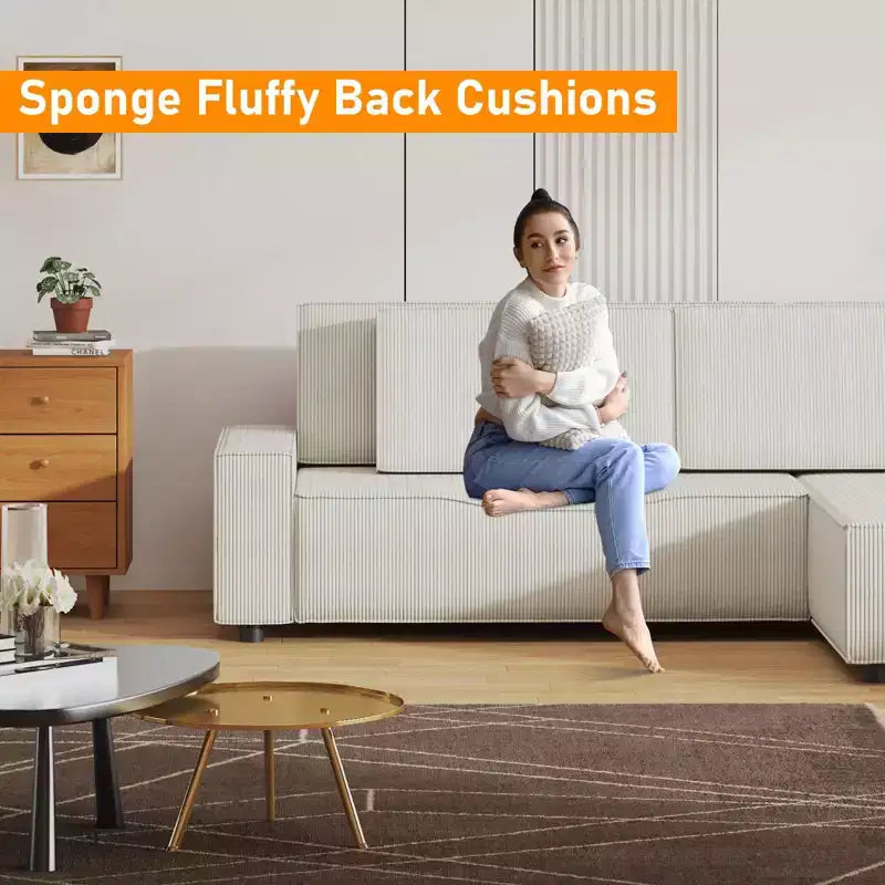 Corduroy Stripe 96 Inch Large Couch, Modern L Shaped Oversized Sectional Sofa with Deep Seat, Comfy Modular Couch for Living Room, Apartment, Studio