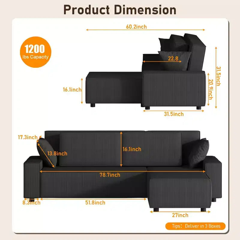 Corduroy Stripe 96 Inch Large Couch, Modern L Shaped Oversized Sectional Sofa with Deep Seat, Comfy Modular Couch for Living Room, Apartment, Studio