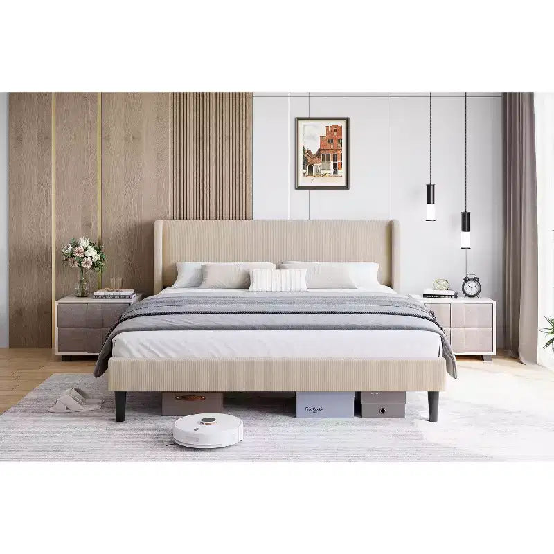 King Bed Frame,Platform Bed with Wingback Headboard,Upholstered Bed Frame with 2 Storage Pockets, Strong Wooden Slat Support, Easy Assembly