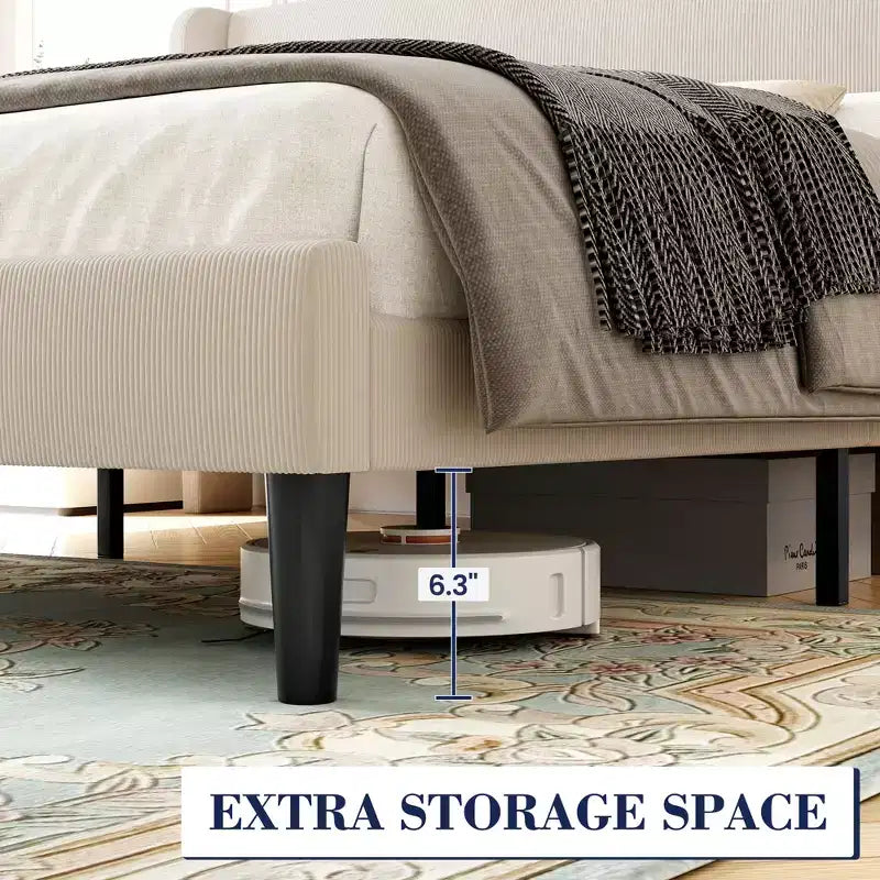 King Bed Frame,Platform Bed with Wingback Headboard,Upholstered Bed Frame with 2 Storage Pockets, Strong Wooden Slat Support, Easy Assembly