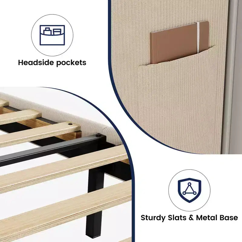 King Bed Frame,Platform Bed with Wingback Headboard,Upholstered Bed Frame with 2 Storage Pockets, Strong Wooden Slat Support, Easy Assembly