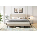 King Bed Frame,Platform Bed with Wingback Headboard,Upholstered Bed Frame with 2 Storage Pockets, Strong Wooden Slat Support, Easy Assembly