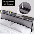 Bed Frame, King Size with Storage Headboard - 2 Drawers, Charging Station, Upholstered, 10.24'' Under-Bed Clearance, Noise-Free