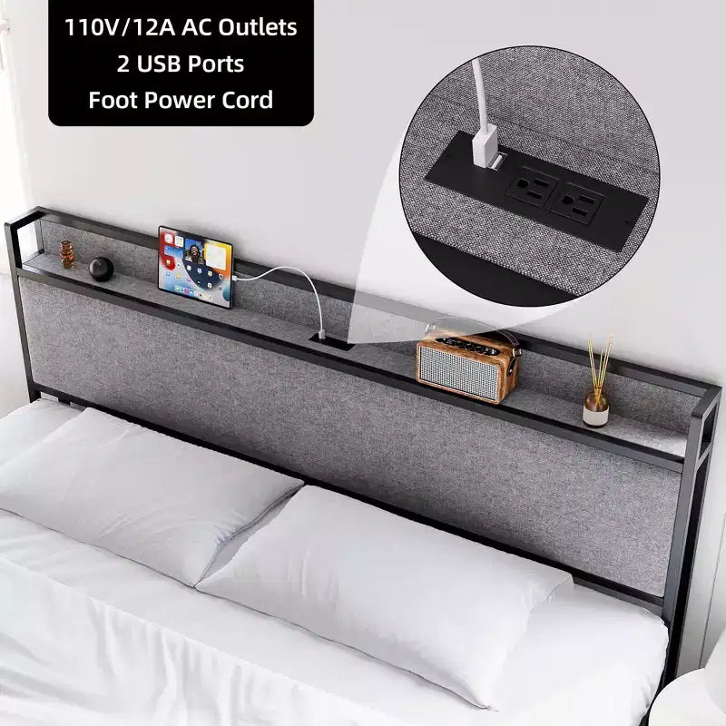 Bed Frame, King Size with Storage Headboard - 2 Drawers, Charging Station, Upholstered, 10.24'' Under-Bed Clearance, Noise-Free