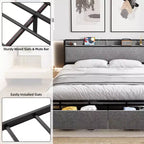 Bed Frame, King Size with Storage Headboard - 2 Drawers, Charging Station, Upholstered, 10.24'' Under-Bed Clearance, Noise-Free
