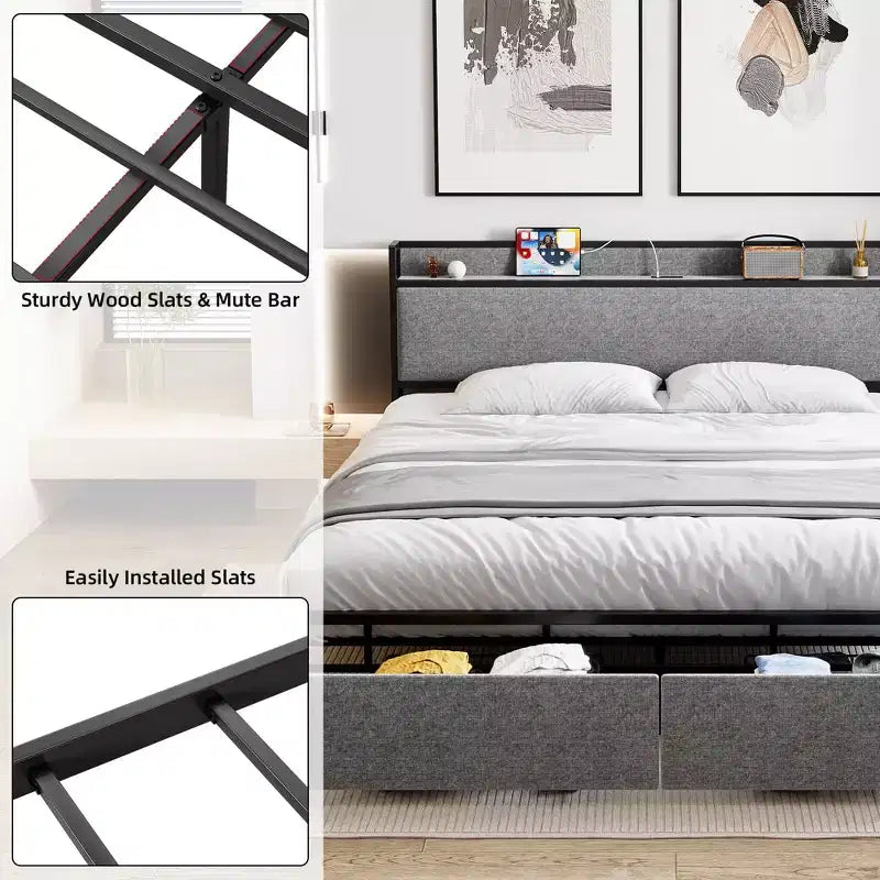 Bed Frame, King Size with Storage Headboard - 2 Drawers, Charging Station, Upholstered, 10.24'' Under-Bed Clearance, Noise-Free