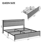 Bed Frame, King Size with Storage Headboard - 2 Drawers, Charging Station, Upholstered, 10.24'' Under-Bed Clearance, Noise-Free