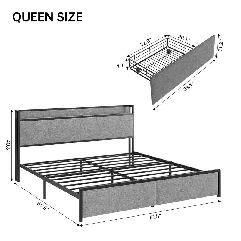 Bed Frame, King Size with Storage Headboard - 2 Drawers, Charging Station, Upholstered, 10.24'' Under-Bed Clearance, Noise-Free