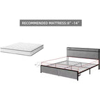 Bed Frame, King Size with Storage Headboard - 2 Drawers, Charging Station, Upholstered, 10.24'' Under-Bed Clearance, Noise-Free