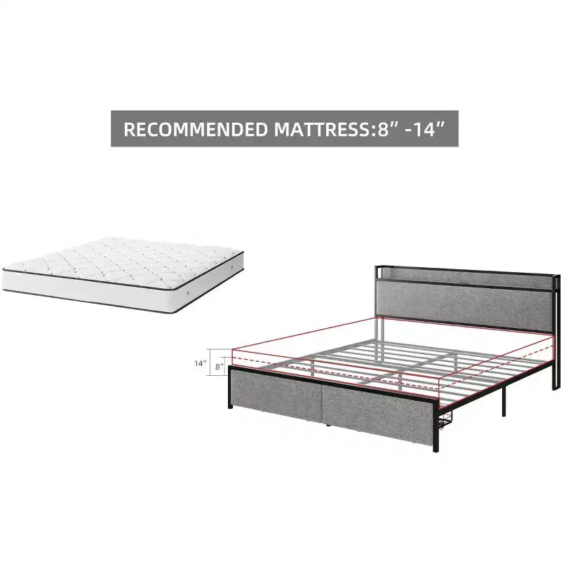 Bed Frame, King Size with Storage Headboard - 2 Drawers, Charging Station, Upholstered, 10.24'' Under-Bed Clearance, Noise-Free